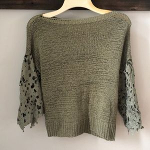 Olive green sweater with flower lace sleeves
